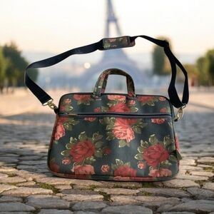 Kayond Crossbody Messenger Laptop bag canvas rose pattern over blue 14W